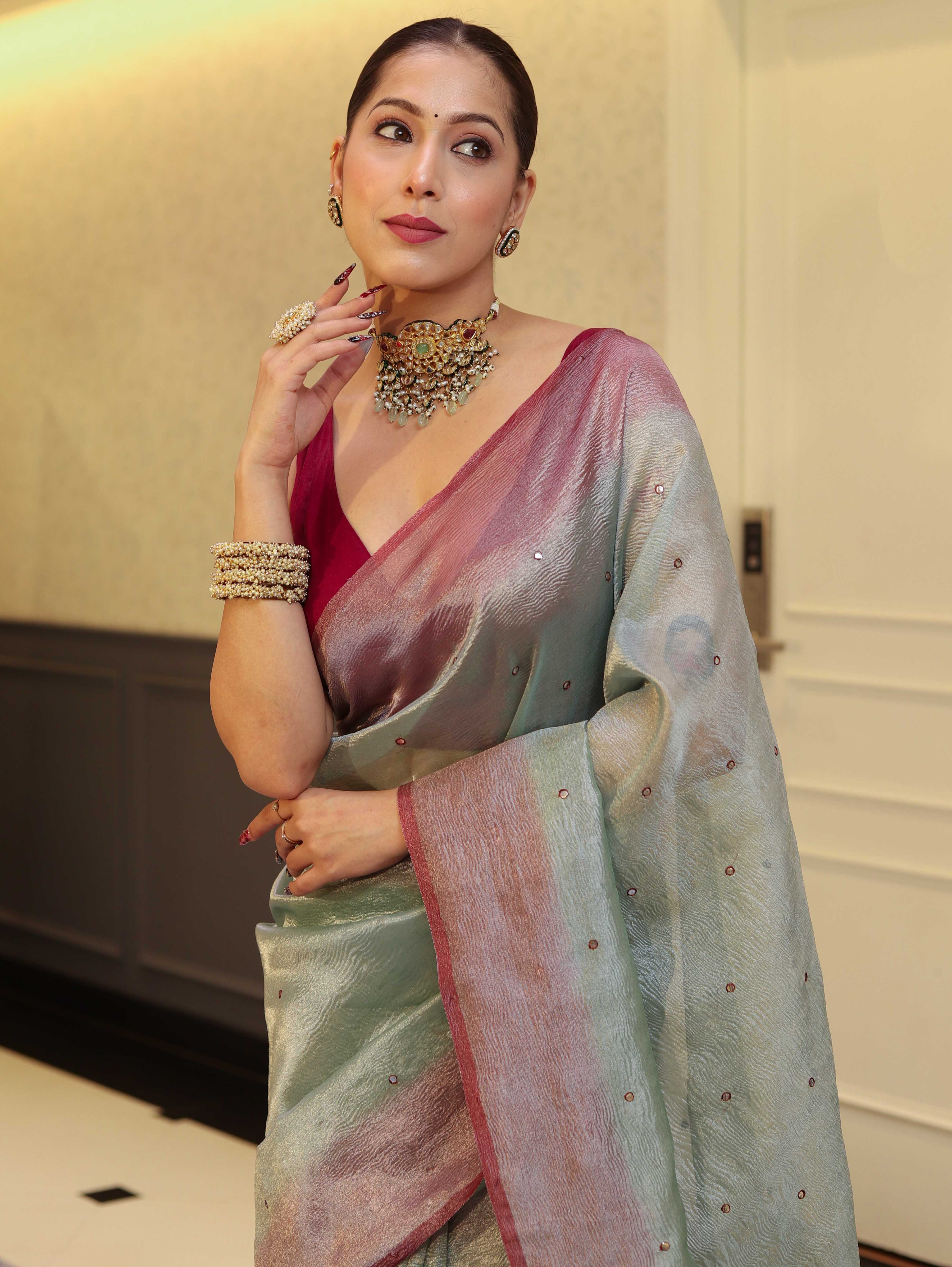 Banarasee Handwoven Crushed Tissue Saree With Mirror Work & Contrast Border-Pastel Green