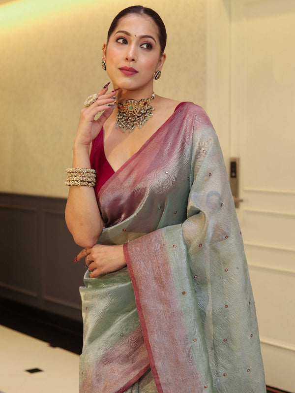 Banarasee Handwoven Crushed Tissue Saree With Mirror Work & Contrast Border-Pastel Green