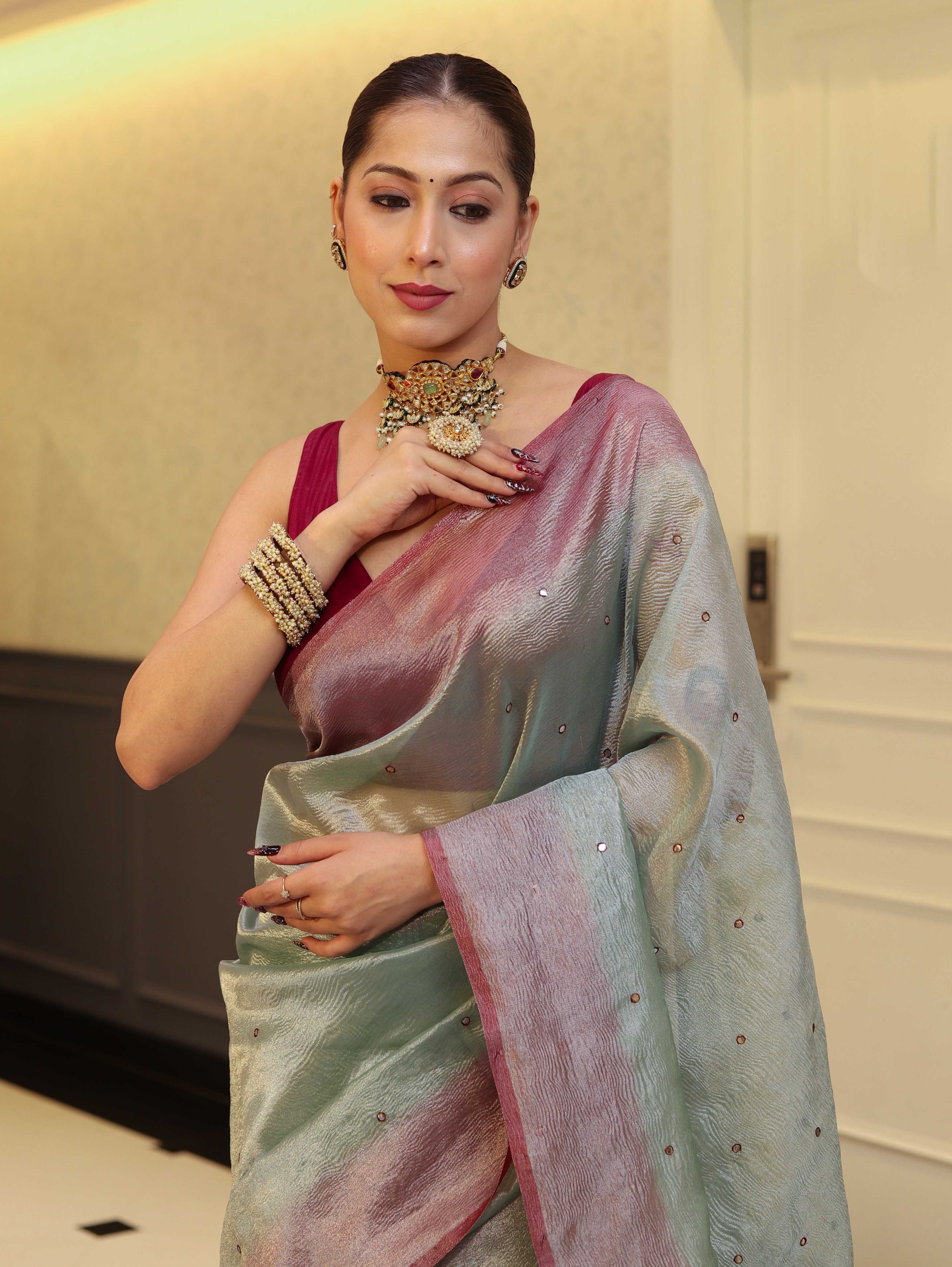 Banarasee Handwoven Crushed Tissue Saree With Mirror Work & Contrast Border-Pastel Green