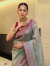 Banarasee Handwoven Crushed Tissue Saree With Mirror Work & Contrast Border-Pastel Green