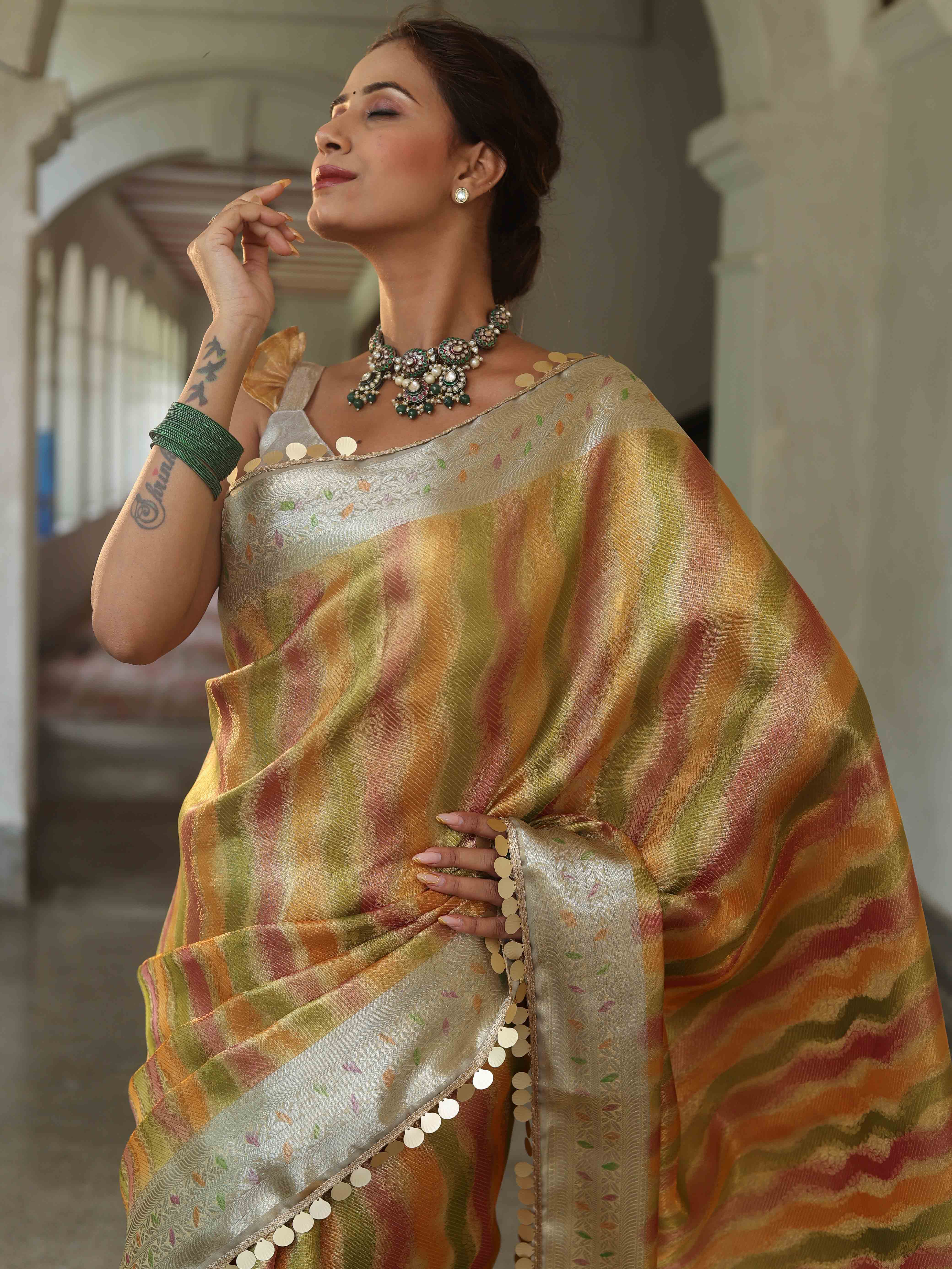 Banarasee Handwoven Tissue Saree With Hand Brush Paint Zari Design & Lace-Multicolor