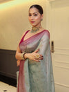 Banarasee Handwoven Crushed Tissue Saree With Mirror Work & Contrast Border-Pastel Green