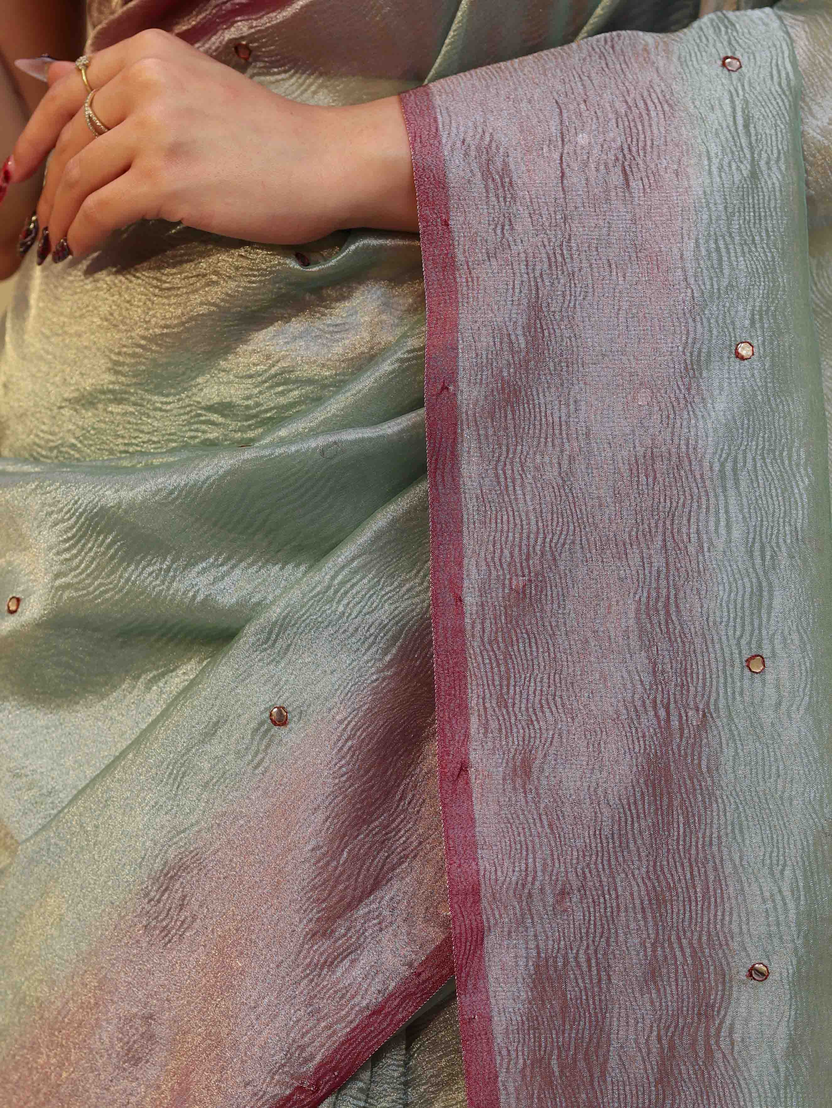 Banarasee Handwoven Crushed Tissue Saree With Mirror Work & Contrast Border-Pastel Green