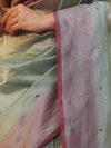 Banarasee Handwoven Crushed Tissue Saree With Mirror Work & Contrast Border-Pastel Green