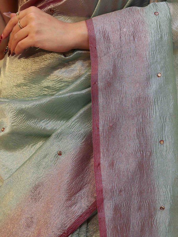 Banarasee Handwoven Crushed Tissue Saree With Mirror Work & Contrast Border-Pastel Green
