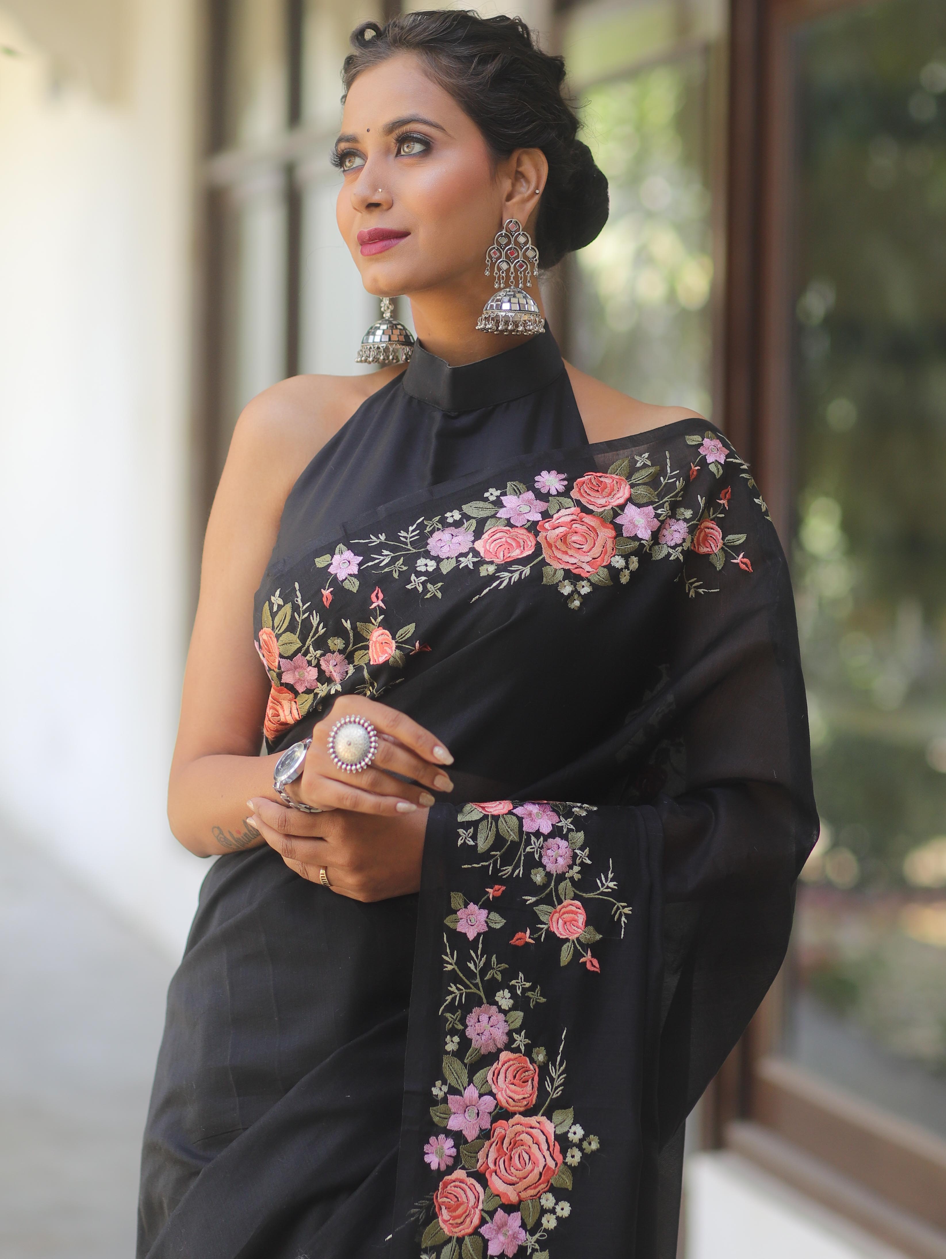 Banarasee Chanderi Cotton Floral Embroidered Saree-Black