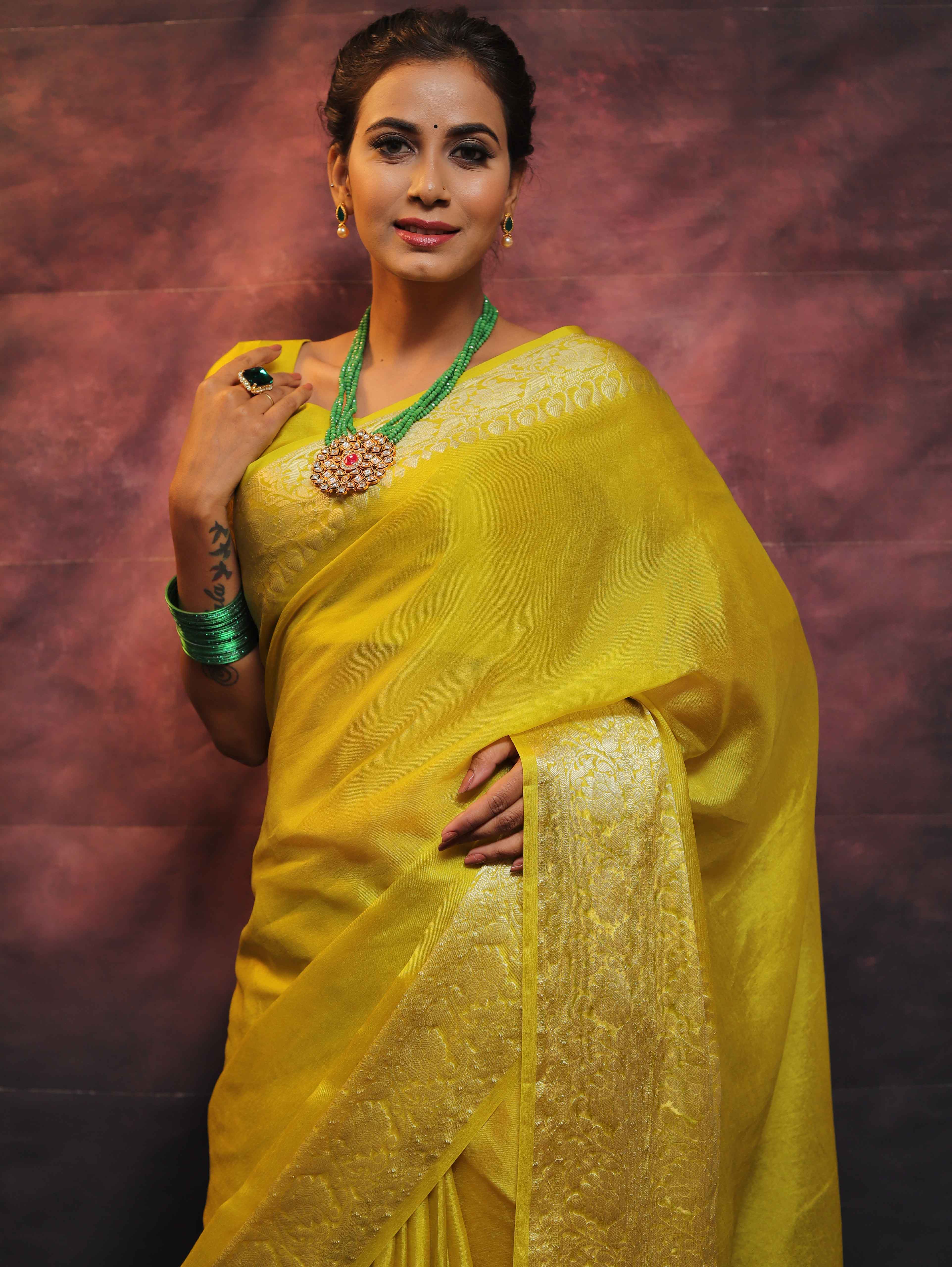 Banarasee Handwoven Semi Silk Plain Saree With Zari Border-Yellow