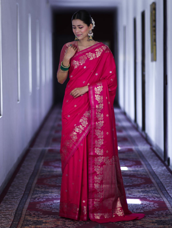 Banarasee Handloom Semi Silk Saree With Sona Rupa Zari Buti Design & Floral Border-Fuchsia Pink