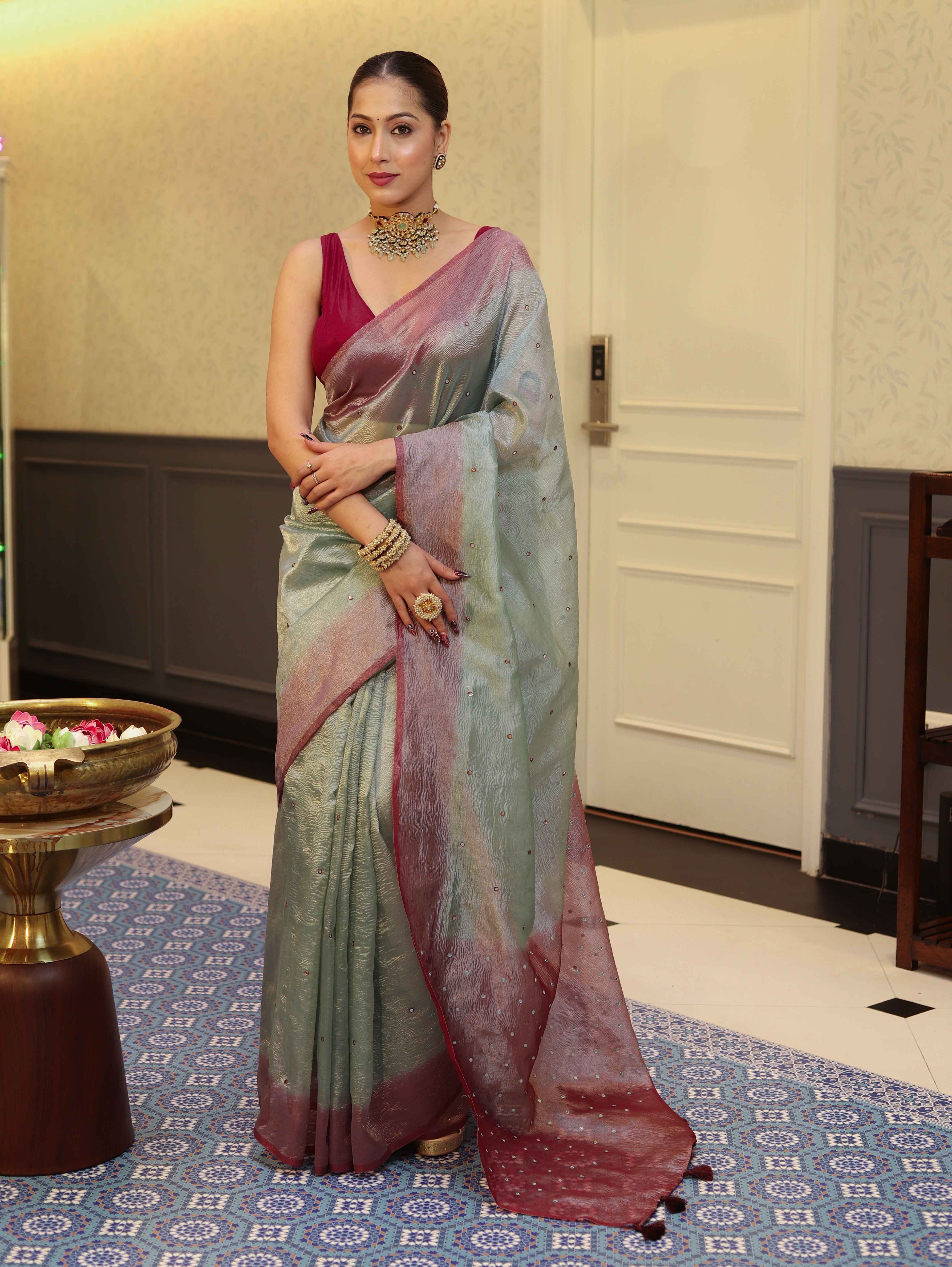 Banarasee Handwoven Crushed Tissue Saree With Mirror Work & Contrast Border-Pastel Green