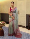 Banarasee Handwoven Crushed Tissue Saree With Mirror Work & Contrast Border-Pastel Green