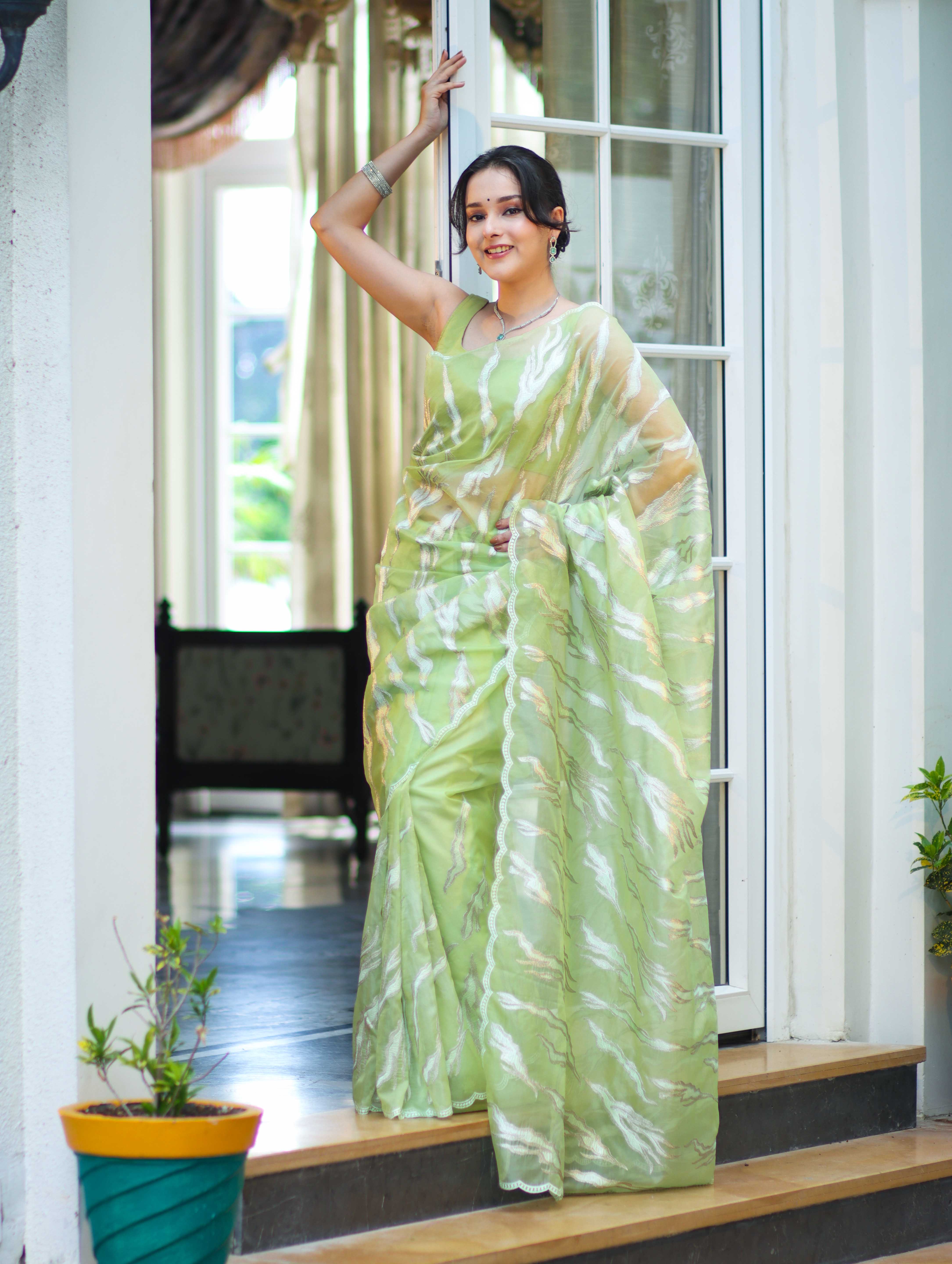 Banarasee Handloom Organza Saree With Resham Zari Work & Scallop Border-Light Green