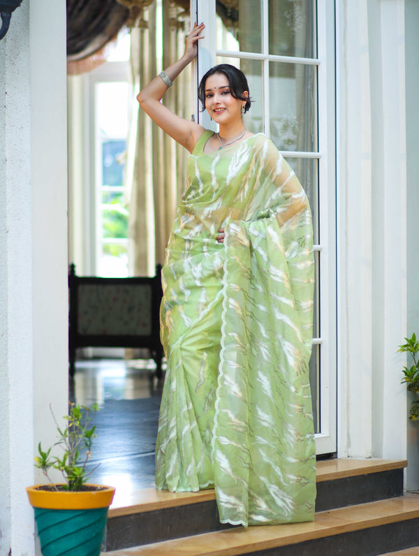Banarasee Handloom Organza Saree With Resham Zari Work & Scallop Border-Light Green
