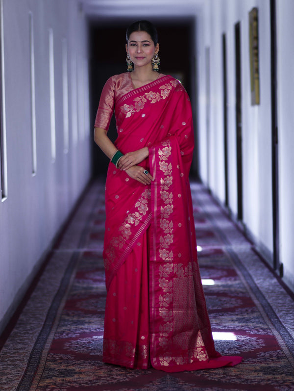 Banarasee Handloom Semi Silk Saree With Sona Rupa Zari Buti Design & Floral Border-Fuchsia Pink
