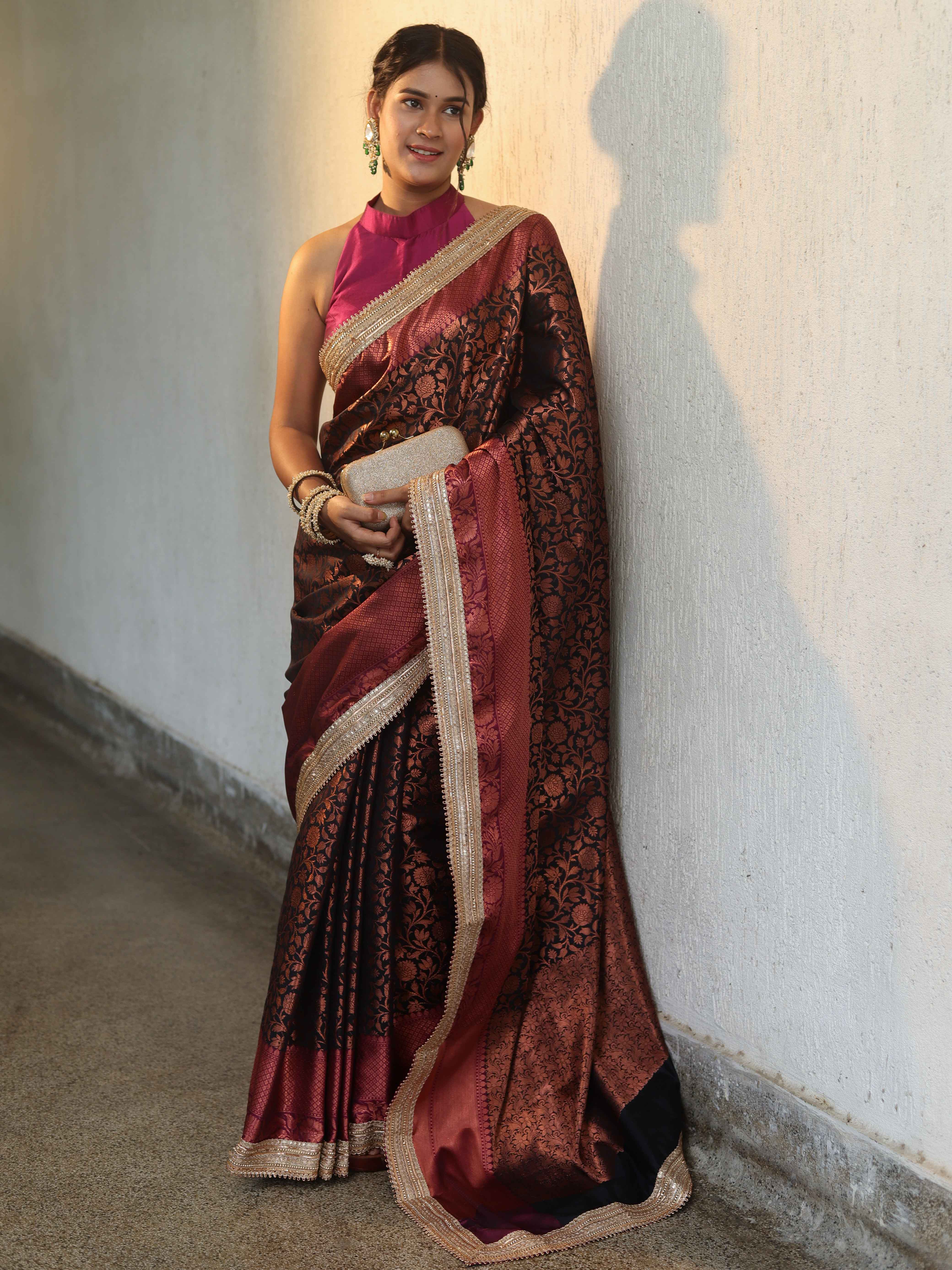 Banarasee Handwoven Semi Silk Saree With Zari Jaal Design Contrast Border & Lace-Black & Magenta