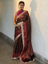 Banarasee Handwoven Semi Silk Saree With Zari Jaal Design Contrast Border & Lace-Black & Magenta