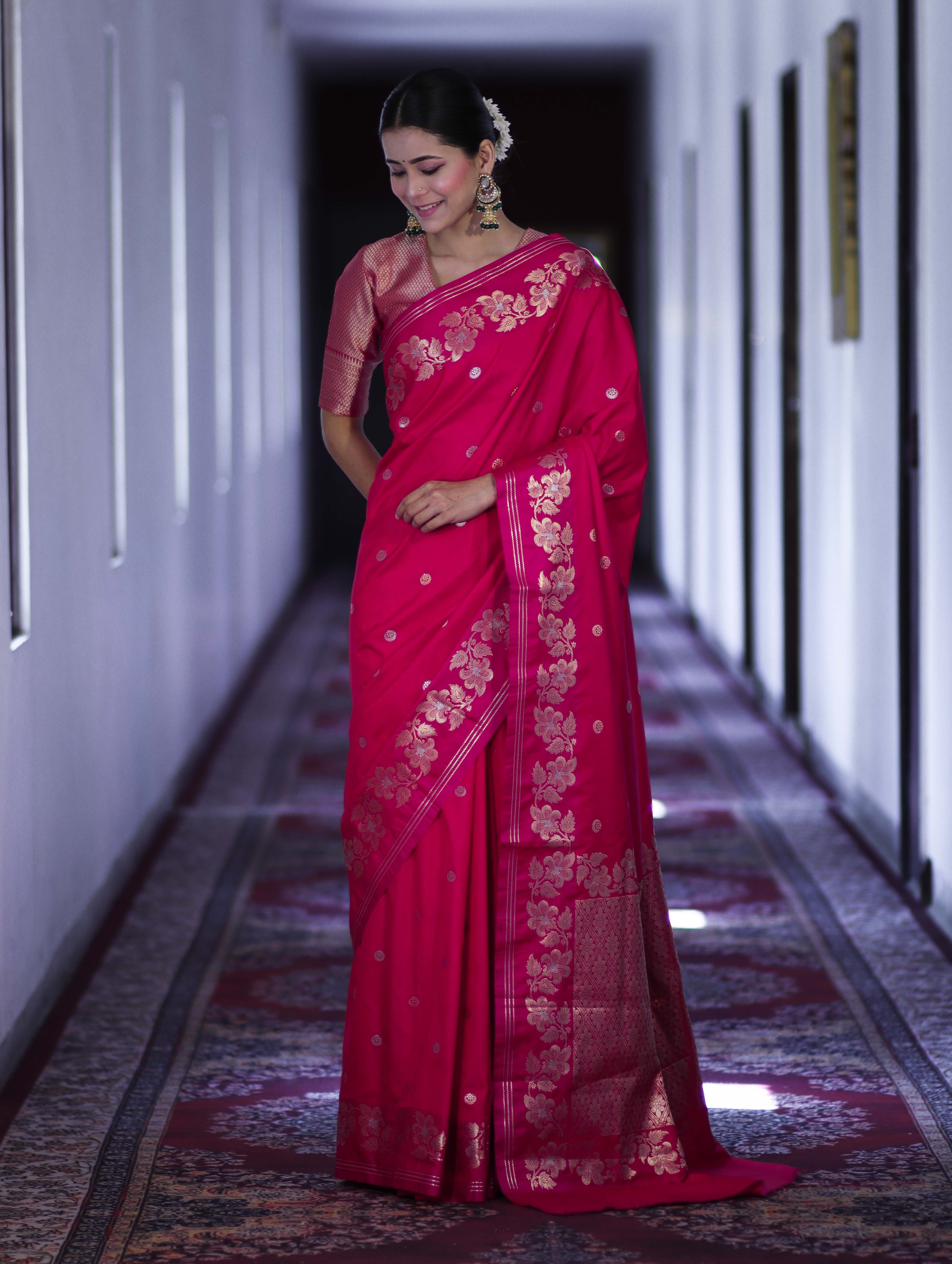 Banarasee Handloom Semi Silk Saree With Sona Rupa Zari Buti Design & Floral Border-Fuchsia Pink
