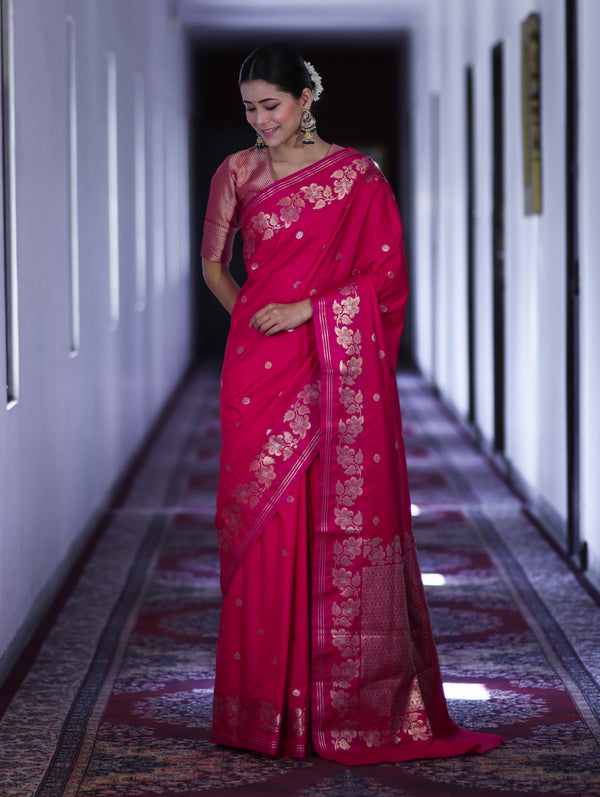 Banarasee Handloom Semi Silk Saree With Sona Rupa Zari Buti Design & Floral Border-Fuchsia Pink