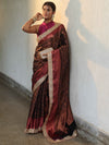 Banarasee Handwoven Semi Silk Saree With Zari Jaal Design Contrast Border & Lace-Black & Magenta