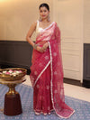 Banarasee Organza Mix Saree With Floral Embroidered Work & Satin Border-Rose Pink