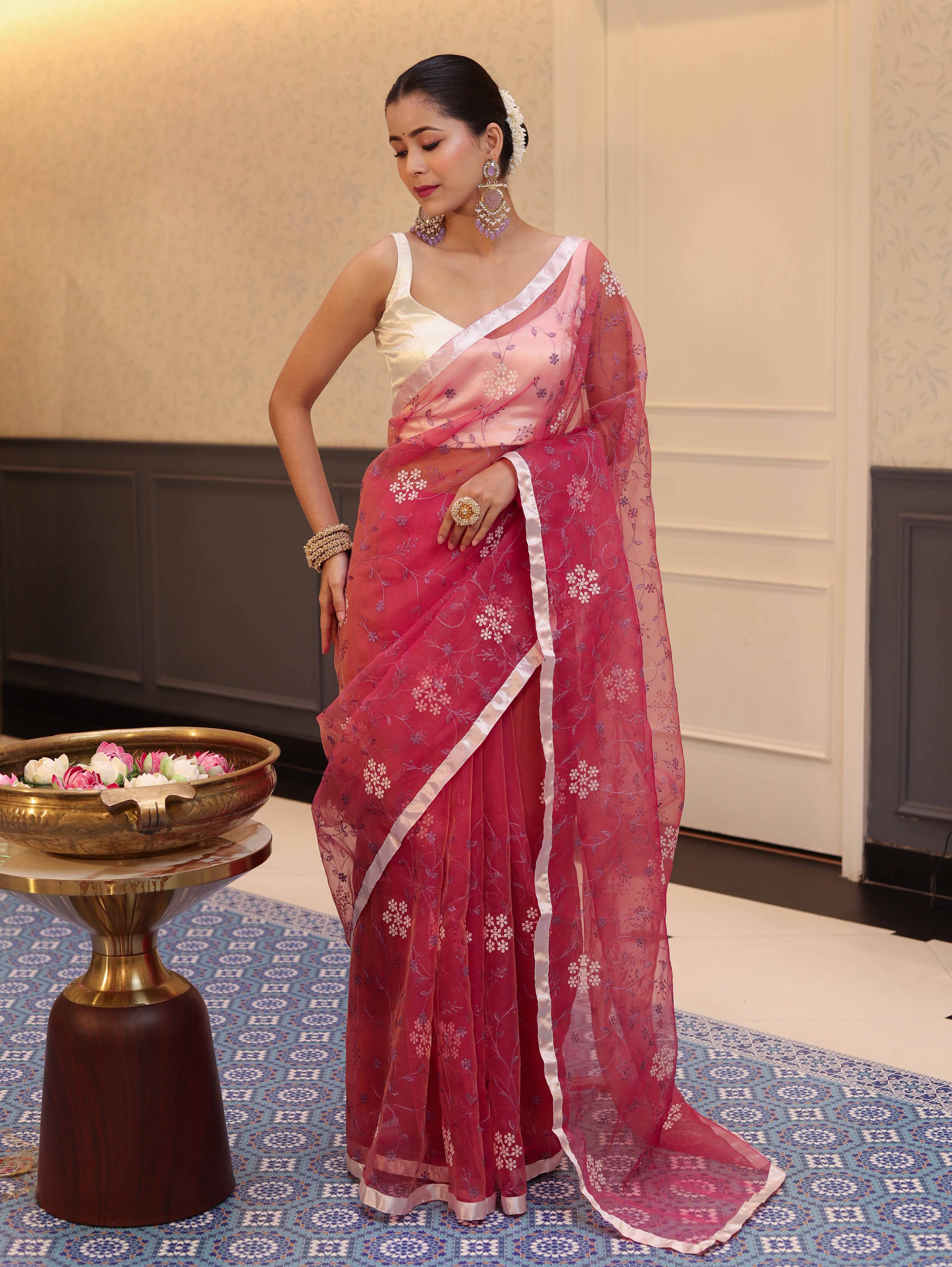 Banarasee Organza Mix Saree With Floral Embroidered Work & Satin Border-Rose Pink