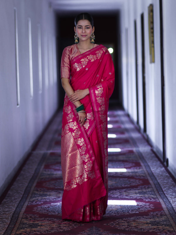 Banarasee Handloom Semi Silk Saree With Sona Rupa Zari Buti Design & Floral Border-Fuchsia Pink