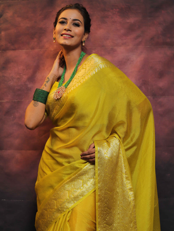 Banarasee Handwoven Semi Silk Plain Saree With Zari Border-Yellow