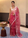 Banarasee Organza Mix Saree With Floral Embroidered Work & Satin Border-Rose Pink