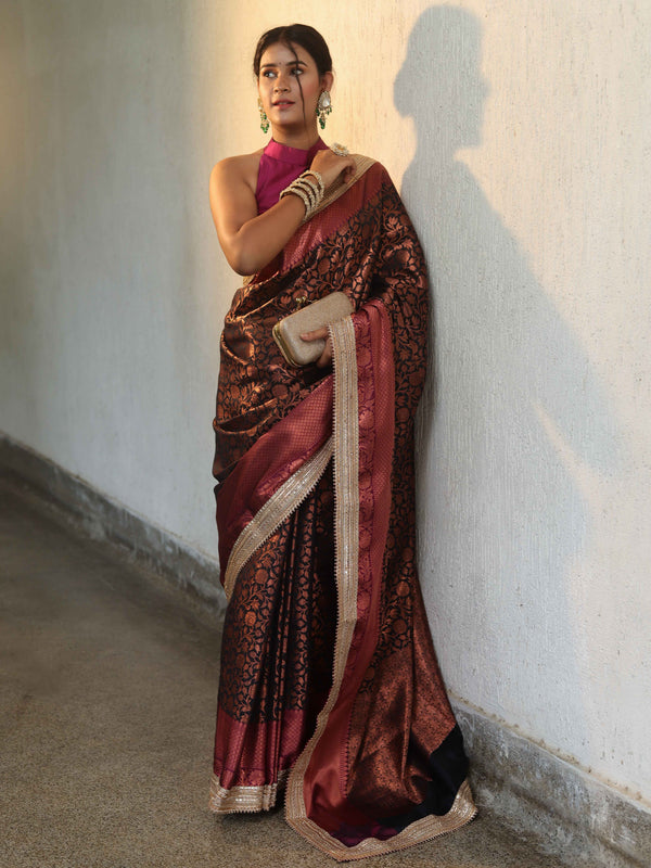 Banarasee Handwoven Semi Silk Saree With Zari Jaal Design Contrast Border & Lace-Black & Magenta