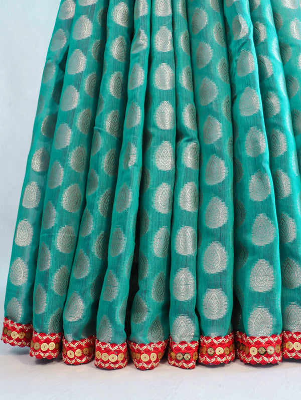 Banarasee Handloom Chanderi Cotton Saree With Buta Besign & Lace-Light Green