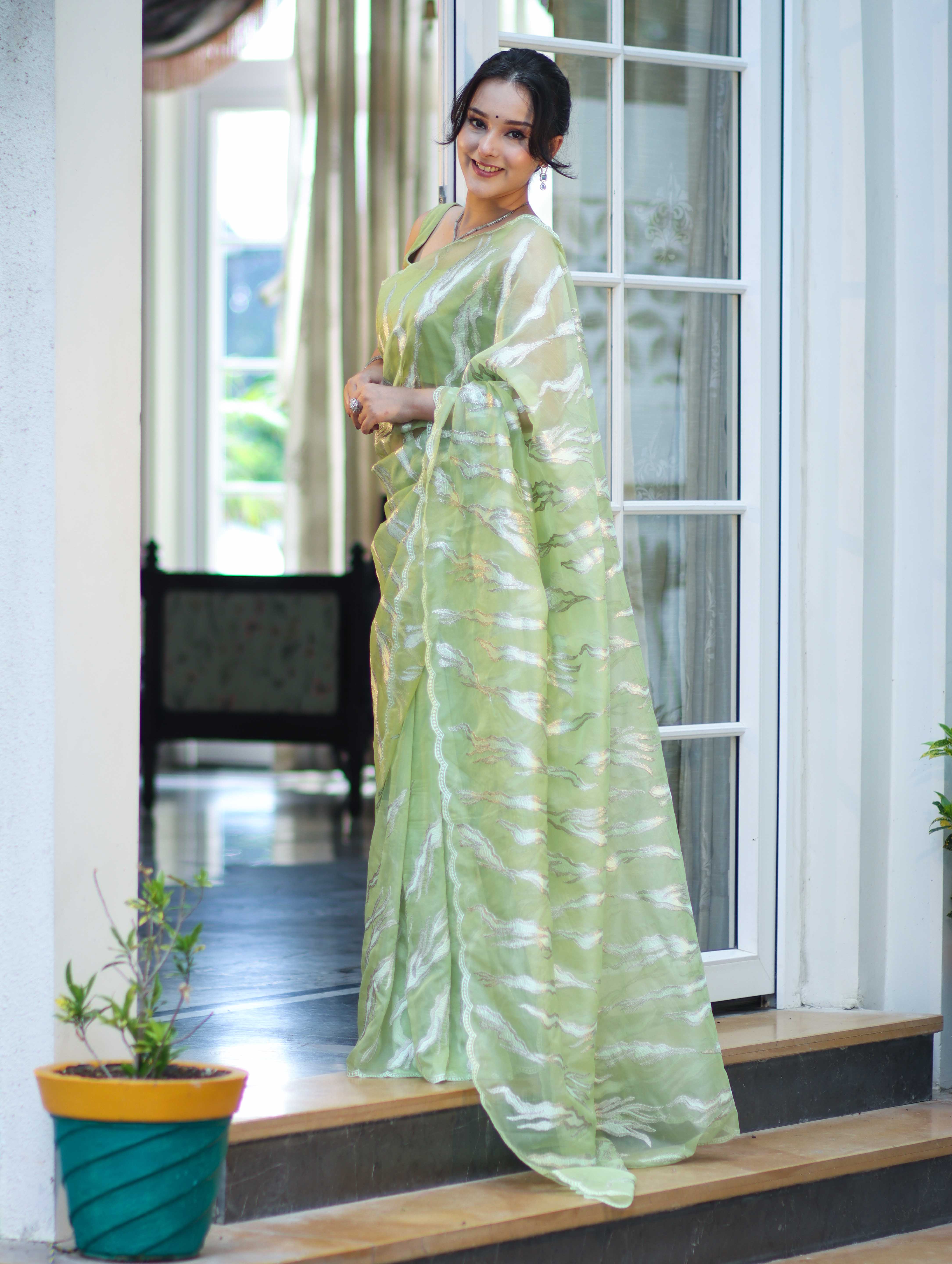 Banarasee Handloom Organza Saree With Resham Zari Work & Scallop Border-Light Green