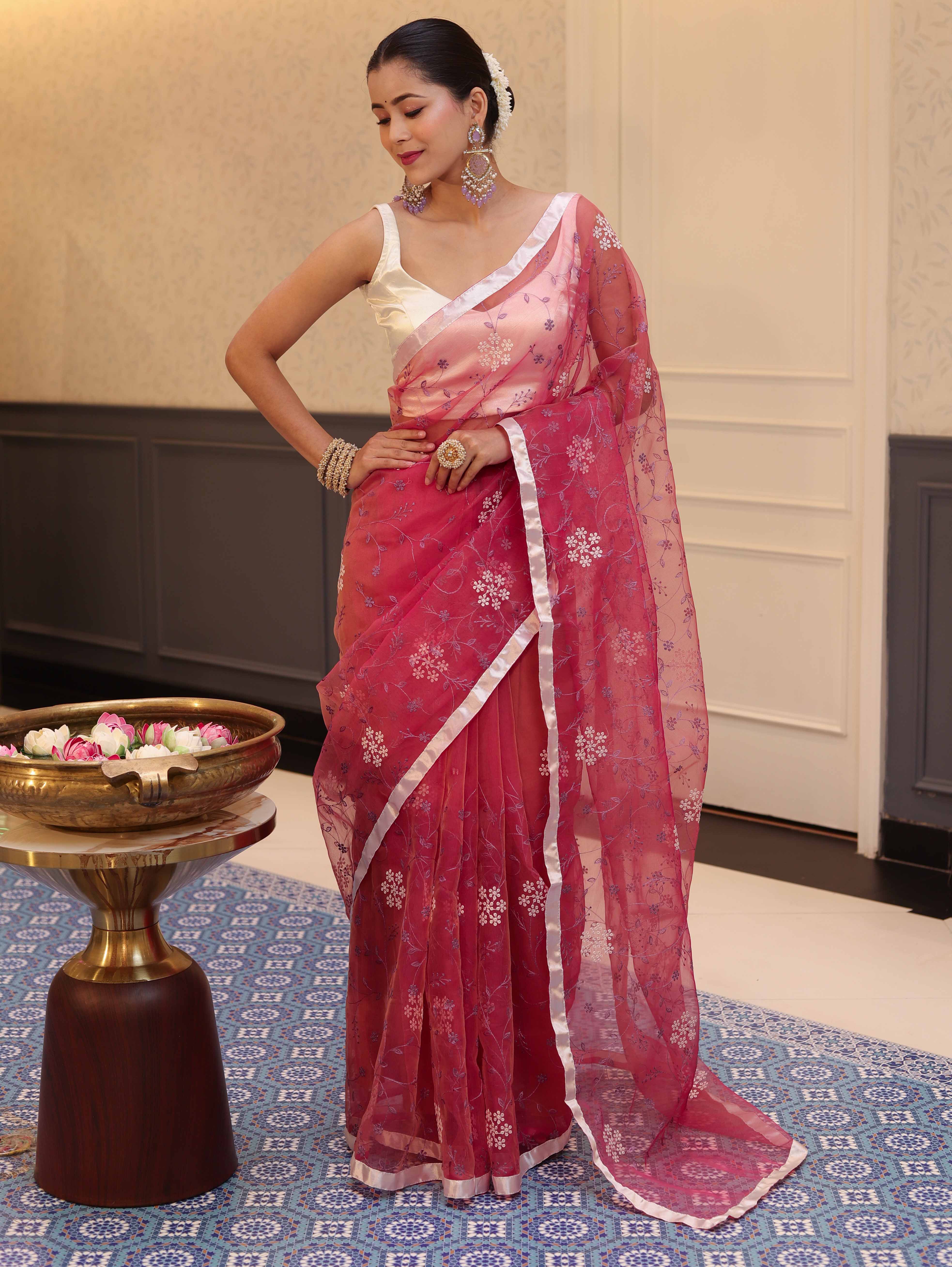 Banarasee Organza Mix Saree With Floral Embroidered Work & Satin Border-Rose Pink