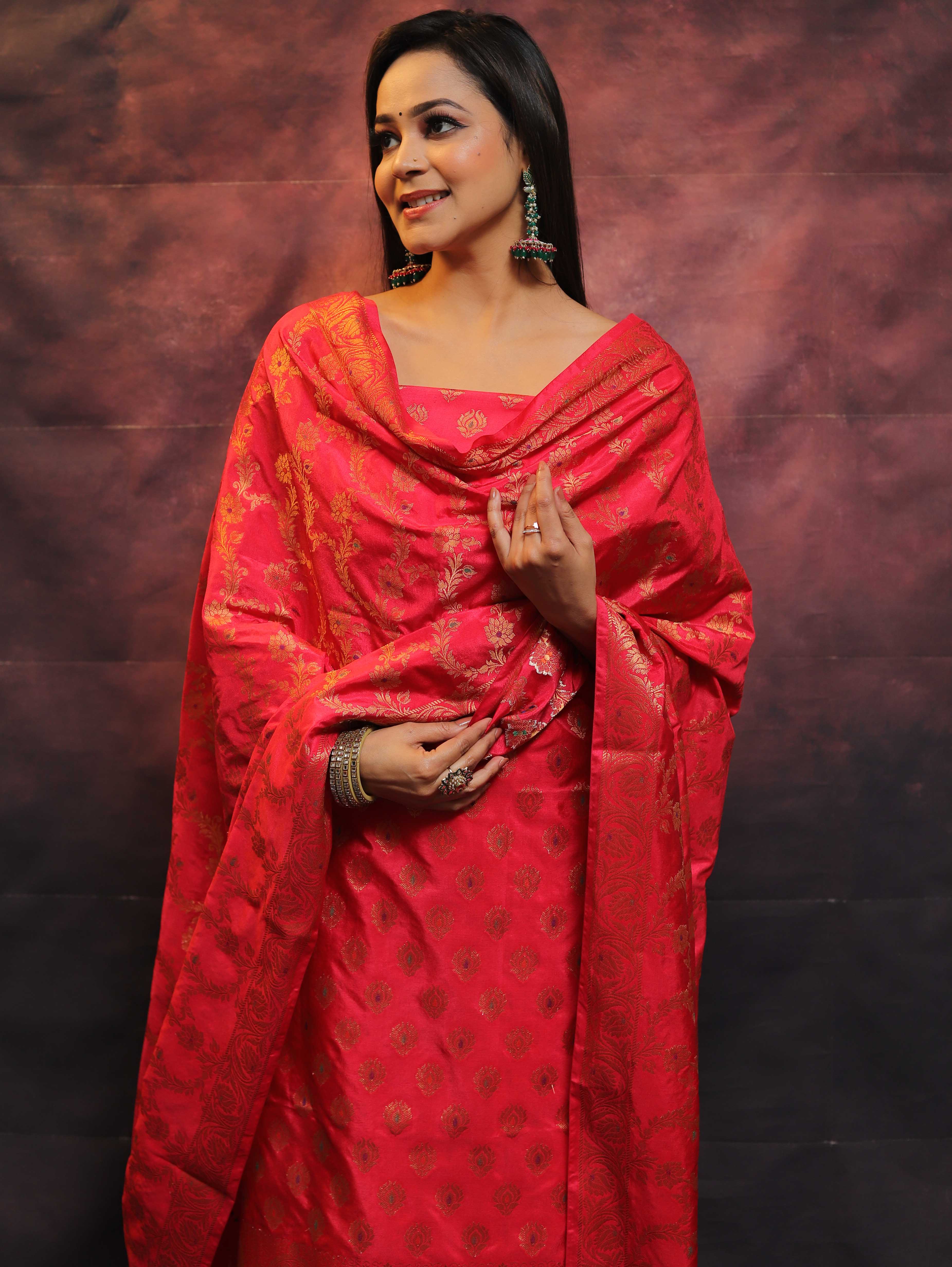 Banarasee Salwar Kameez Semi Katan Silk Fabric With Zari Work-Red