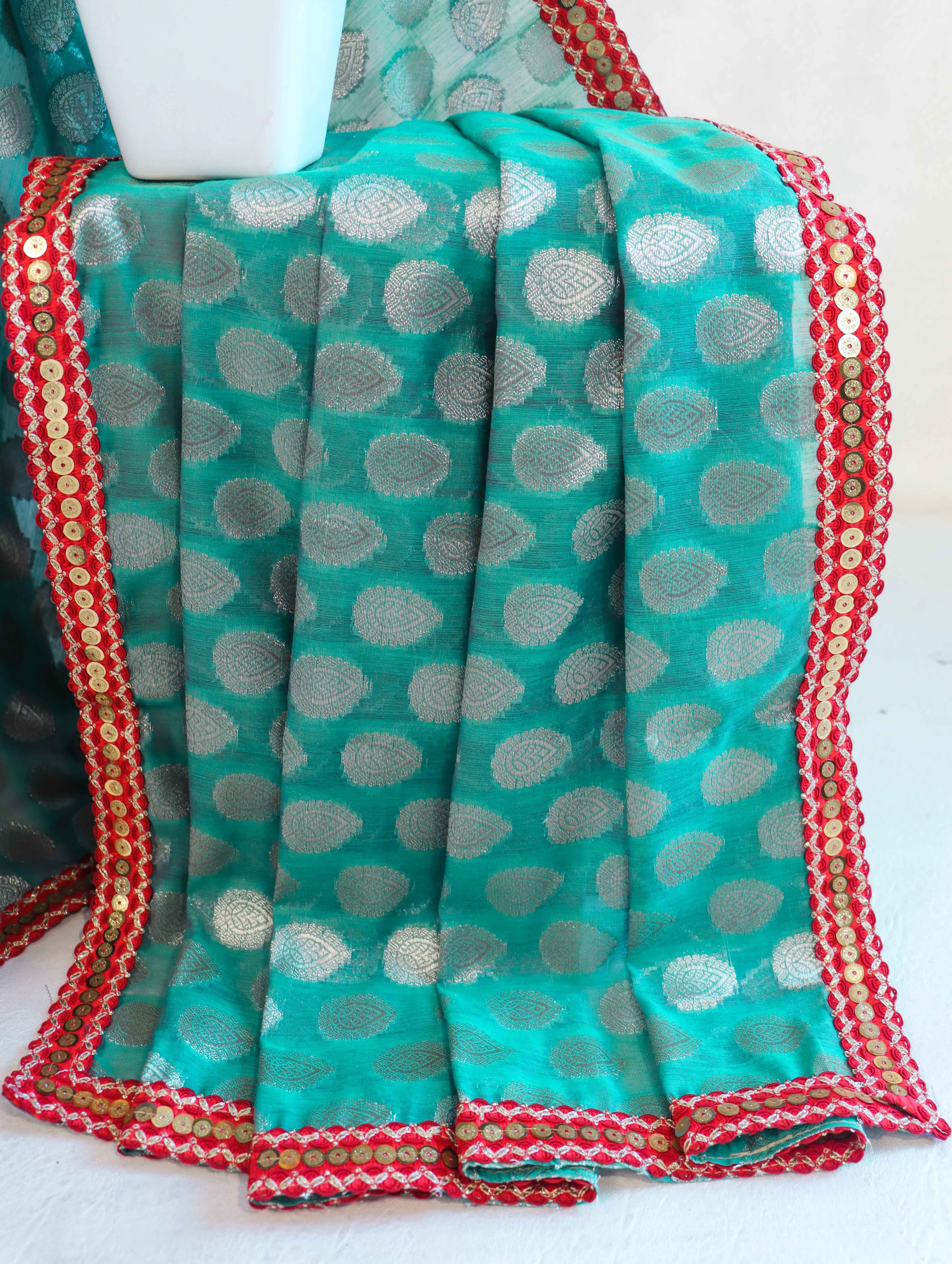 Banarasee Handloom Chanderi Cotton Saree With Buta Besign & Lace-Light Green