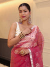 Banarasee Organza Mix Saree With Floral Embroidered Work & Satin Border-Rose Pink