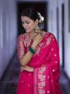 Banarasee Handloom Semi Silk Saree With Sona Rupa Zari Buti Design & Floral Border-Fuchsia Pink