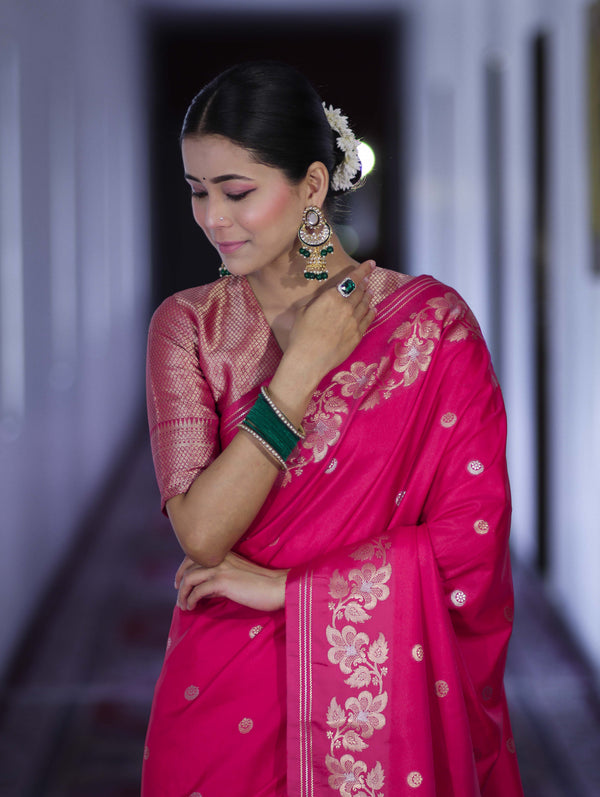 Banarasee Handloom Semi Silk Saree With Sona Rupa Zari Buti Design & Floral Border-Fuchsia Pink
