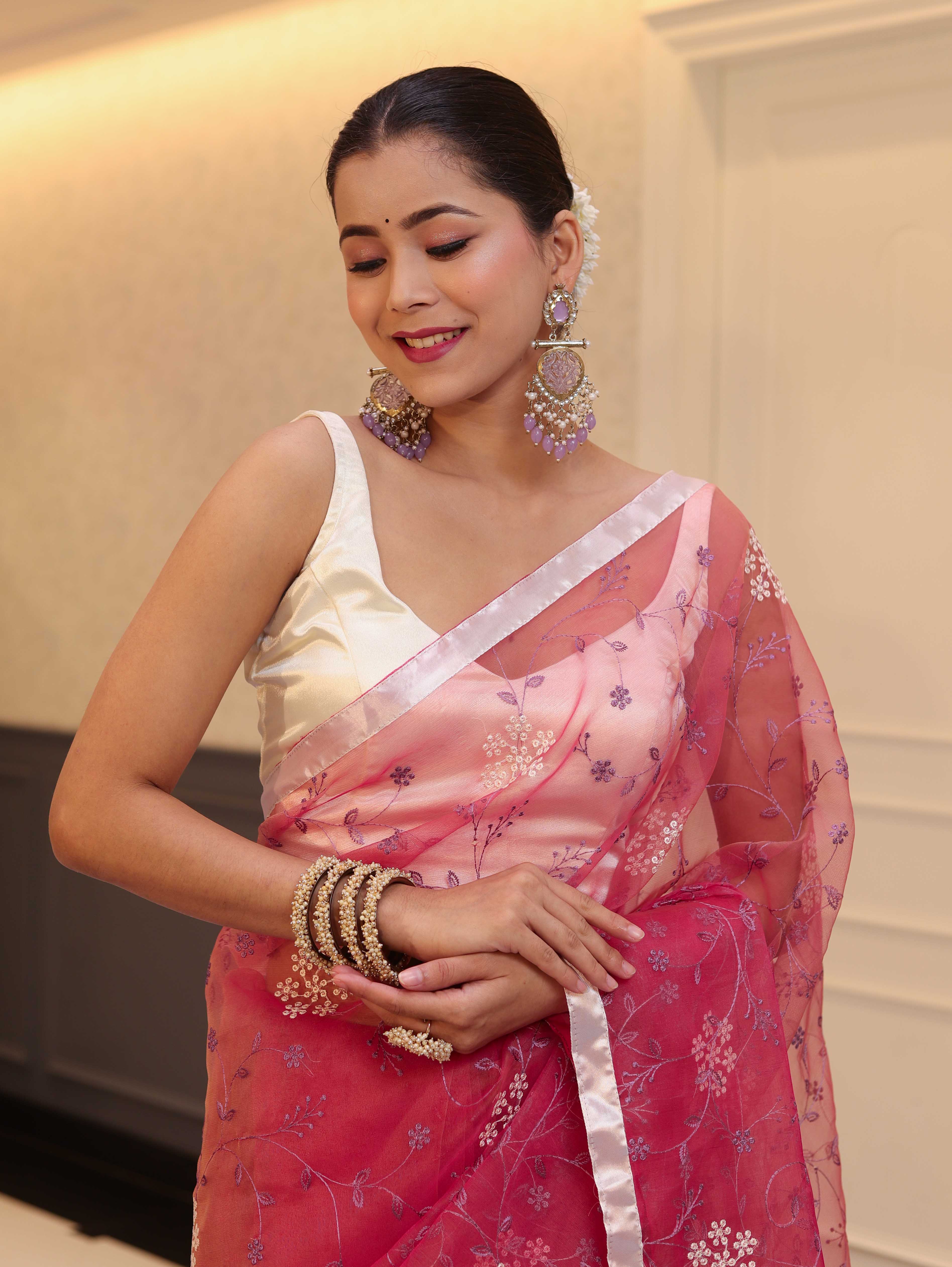 Banarasee Organza Mix Saree With Floral Embroidered Work & Satin Border-Rose Pink