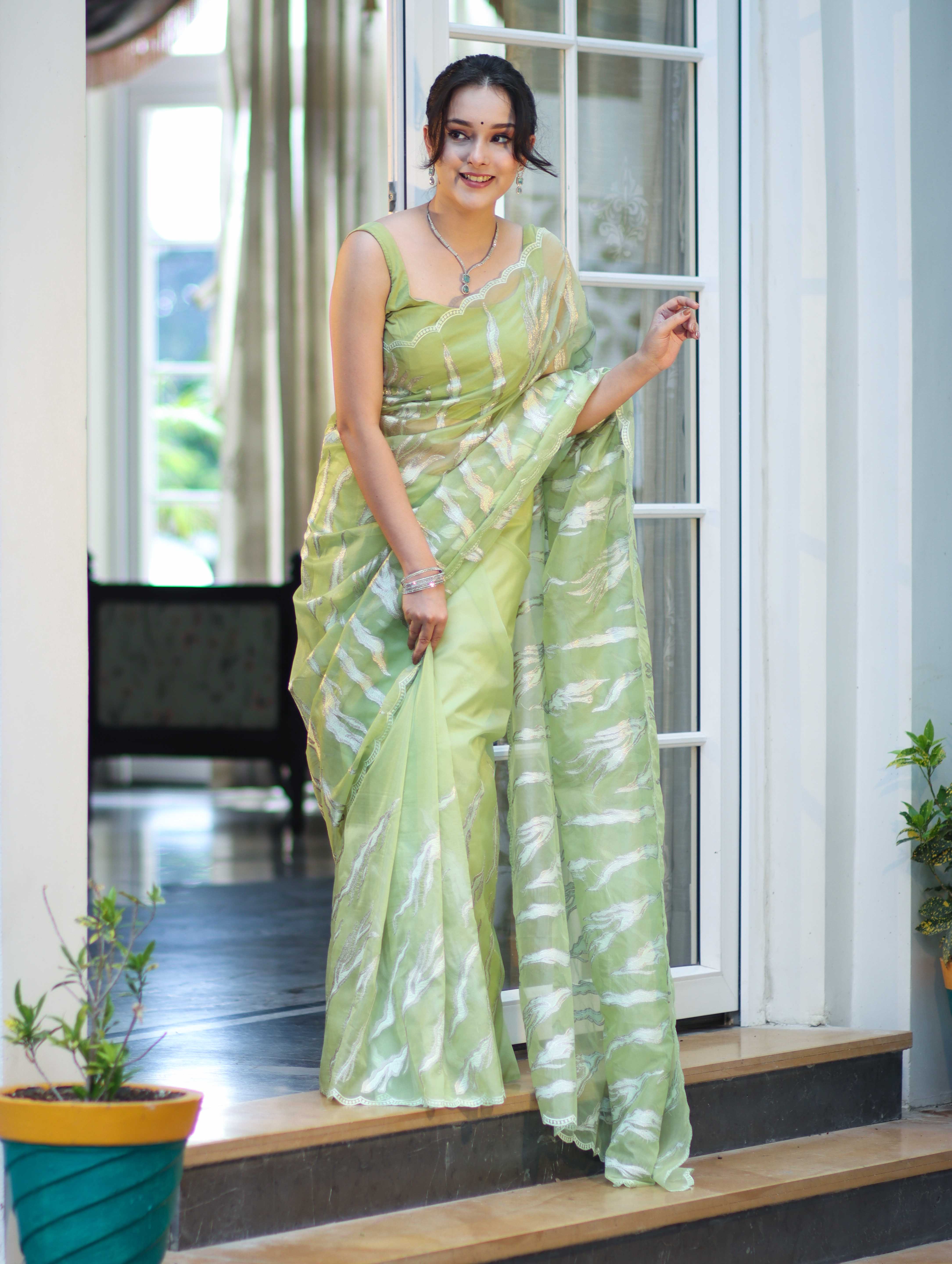 Banarasee Handloom Organza Saree With Resham Zari Work & Scallop Border-Light Green