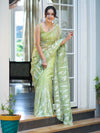 Banarasee Handloom Organza Saree With Resham Zari Work & Scallop Border-Light Green