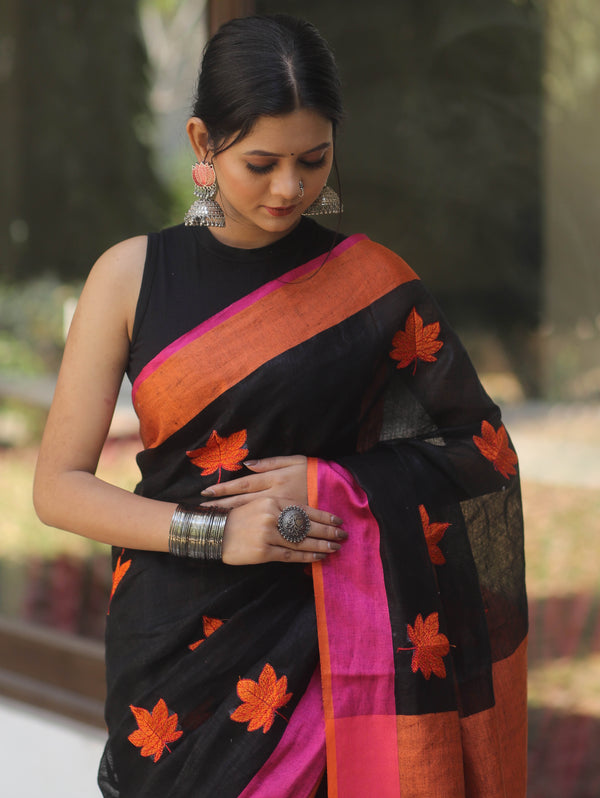 Bhagalpur Handloom Linen Saree With Embroidered Buta Design-Black