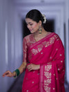 Banarasee Handloom Semi Silk Saree With Sona Rupa Zari Buti Design & Floral Border-Fuchsia Pink