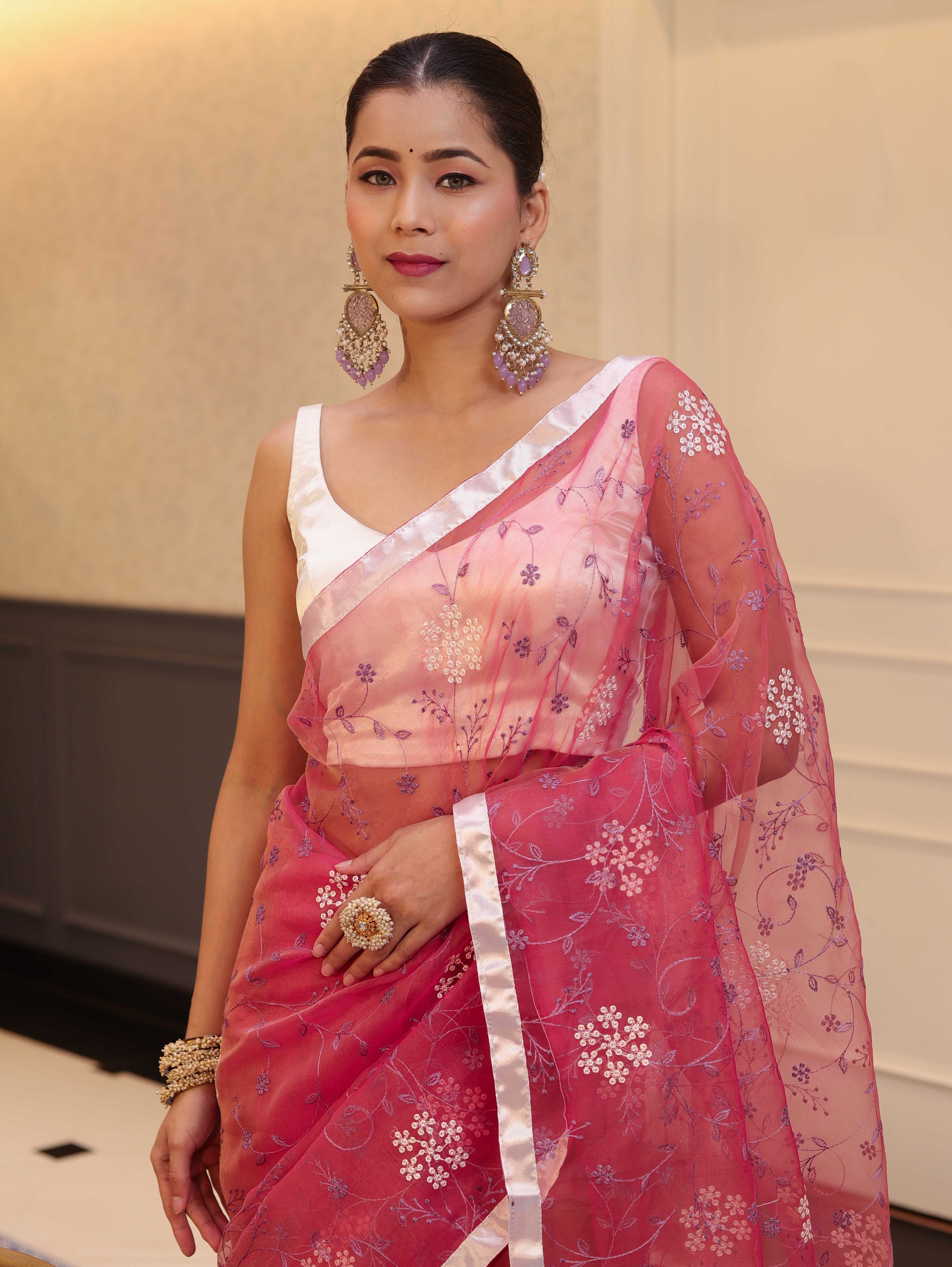 Banarasee Organza Mix Saree With Floral Embroidered Work & Satin Border-Rose Pink