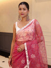 Banarasee Organza Mix Saree With Floral Embroidered Work & Satin Border-Rose Pink