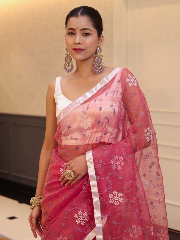 Banarasee Organza Mix Saree With Floral Embroidered Work & Satin Border-Rose Pink