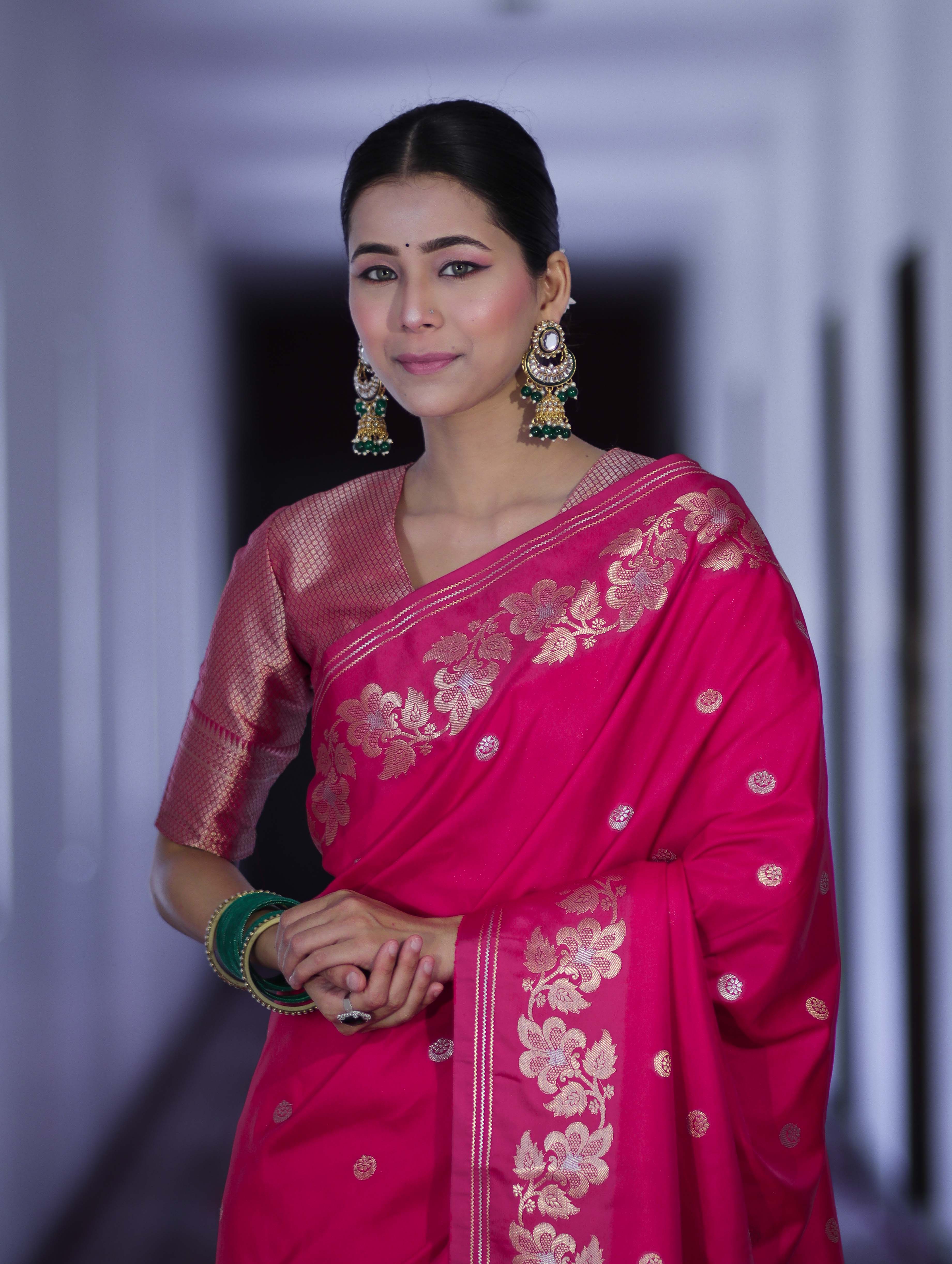 Banarasee Handloom Semi Silk Saree With Sona Rupa Zari Buti Design & Floral Border-Fuchsia Pink