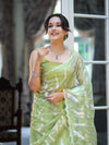Banarasee Handloom Organza Saree With Resham Zari Work & Scallop Border-Light Green