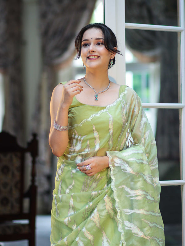 Banarasee Handloom Organza Saree With Resham Zari Work & Scallop Border-Light Green