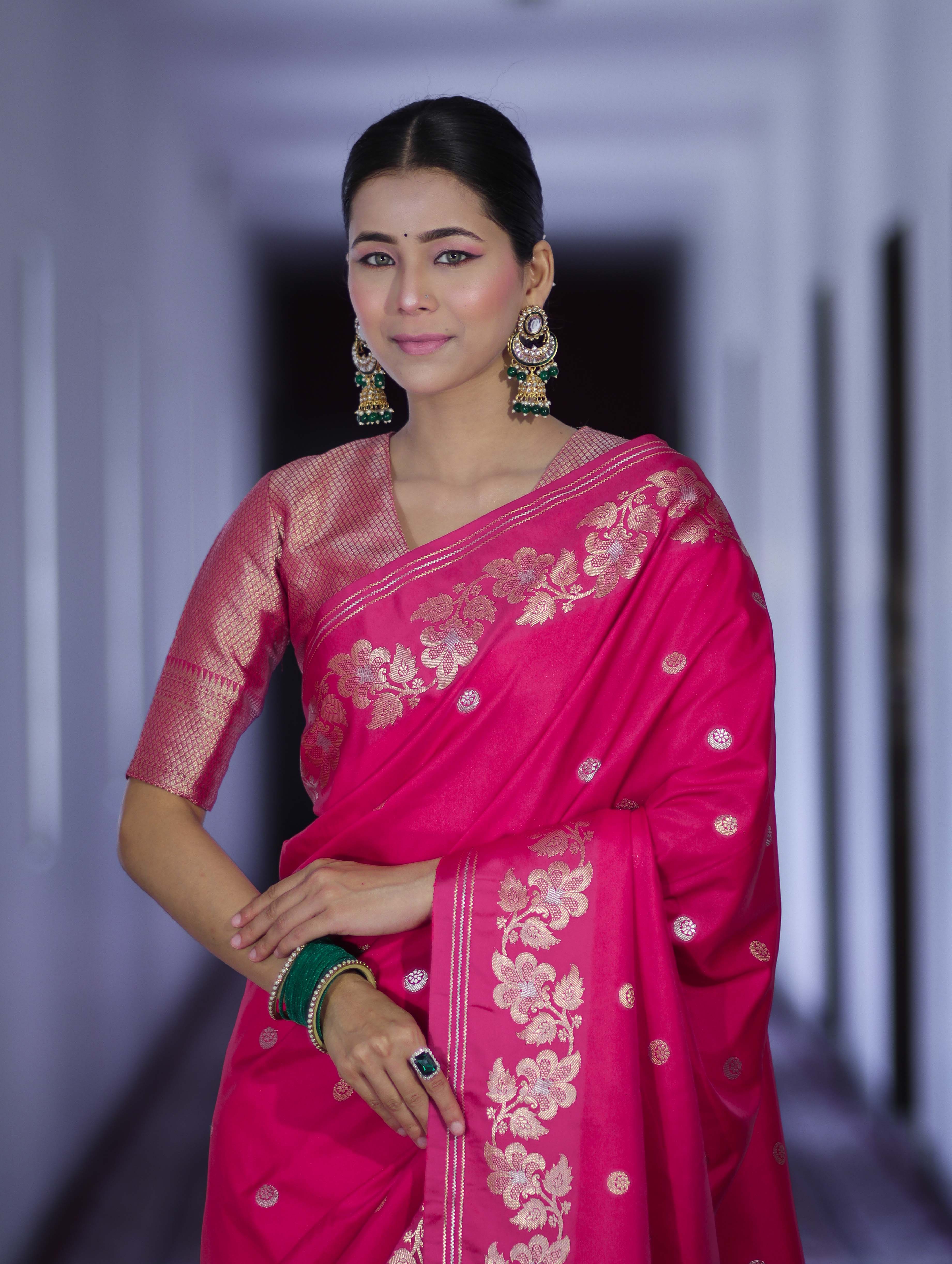 Banarasee Handloom Semi Silk Saree With Sona Rupa Zari Buti Design & Floral Border-Fuchsia Pink