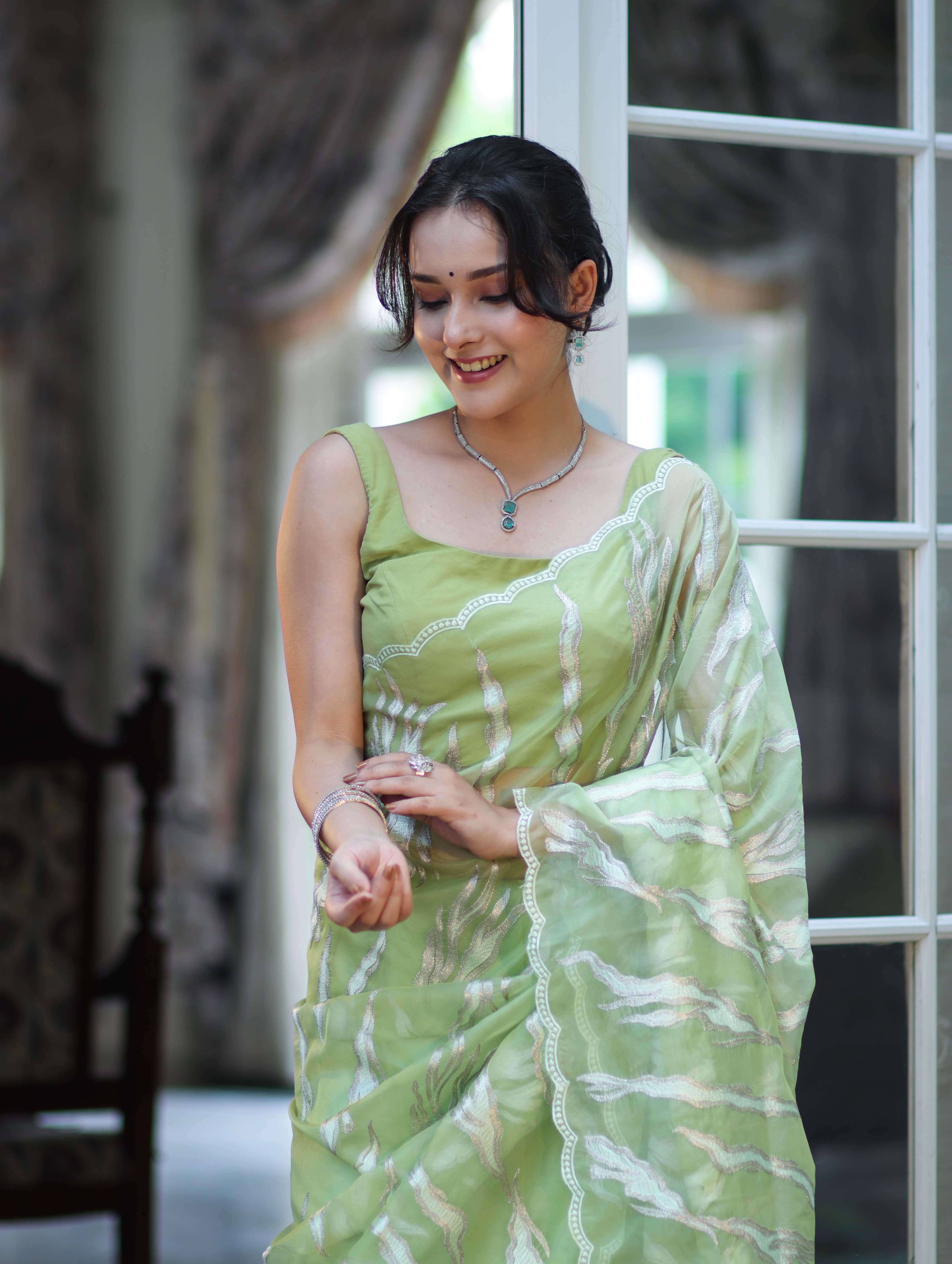 Banarasee Handloom Organza Saree With Resham Zari Work & Scallop Border-Light Green