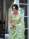 Banarasee Handloom Organza Saree With Resham Zari Work & Scallop Border-Light Green